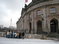 Guided Berlin-Tour, AIB-Akademie, Prof. Jeremy Wasser, 2.1.08, organized by Humboldt-Tours-Berlin, given by Hilmar H. Werner. Group in front of the Bode-Museum and the Television-Tower.