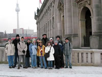 Guided Berlin-Tour, AIB-Akademie, Prof. Jeremy Wasser, 2.1.08, organized by Humboldt-Tours-Berlin, given by Hilmar H. Werner. Group in front of the Bode-Museum and the Television-Tower.